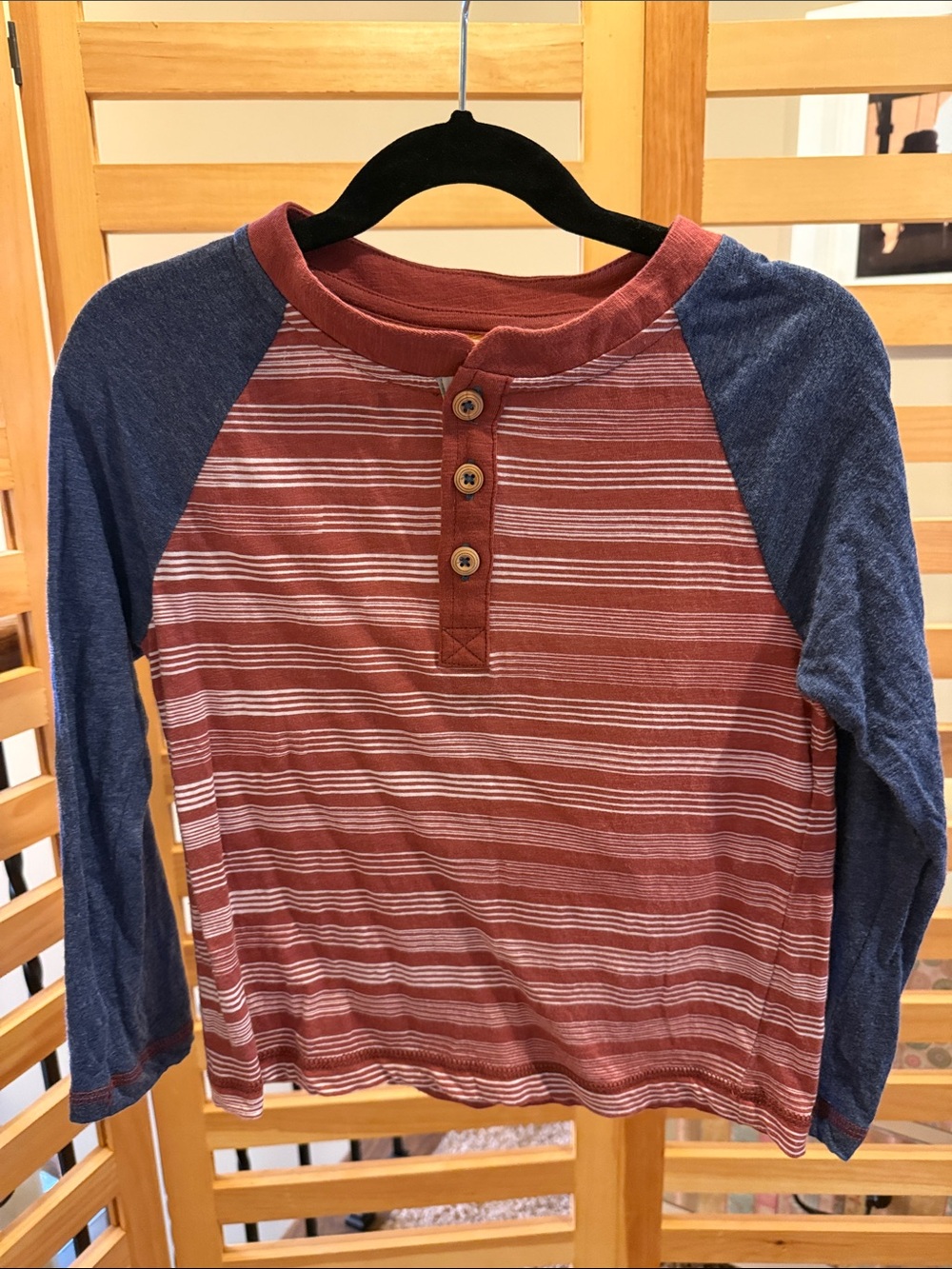Matilda Jane Rust Red Striped Henley with Blue Raglan Sleeves